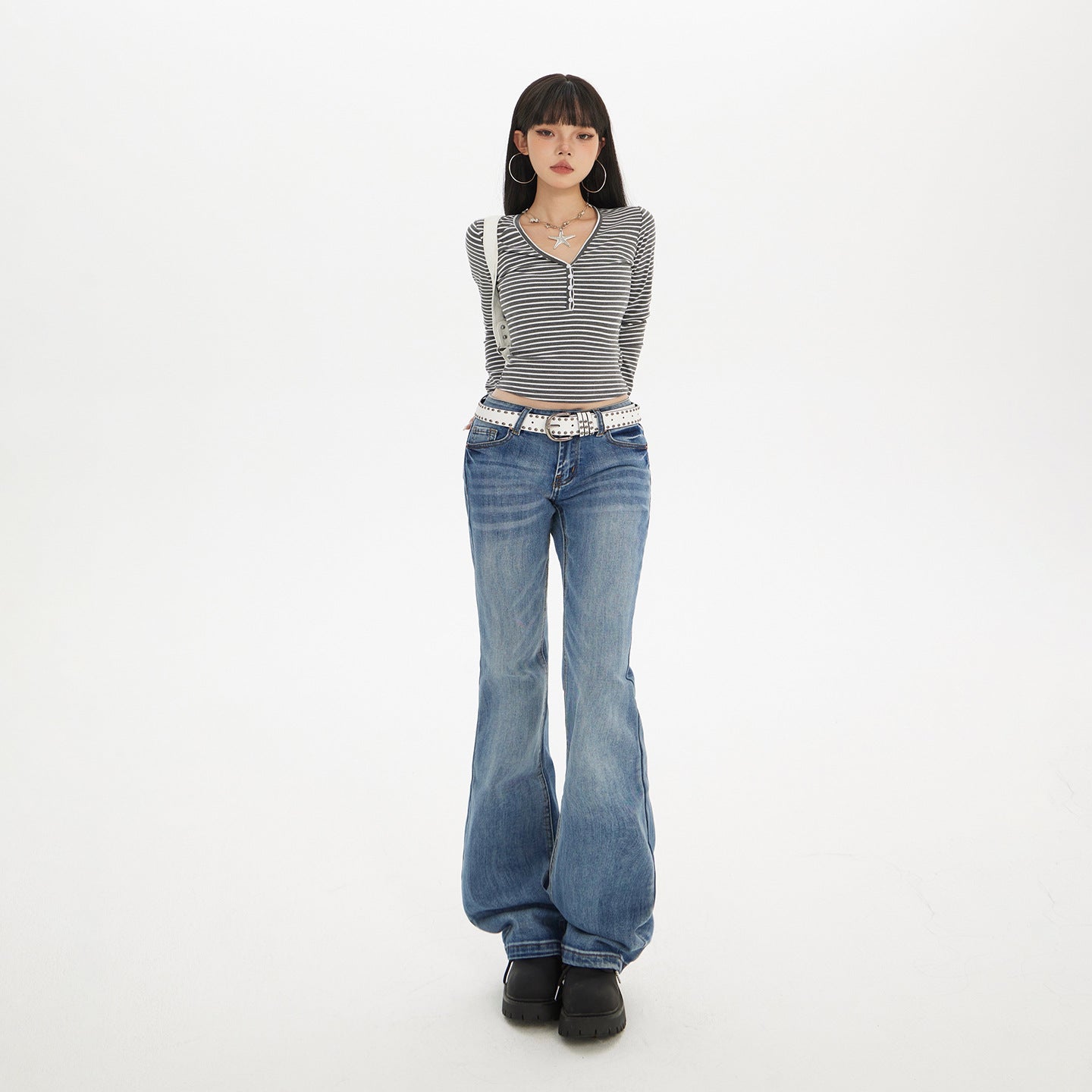 Women's Retro Blue Low Waist Denim Flare Pants