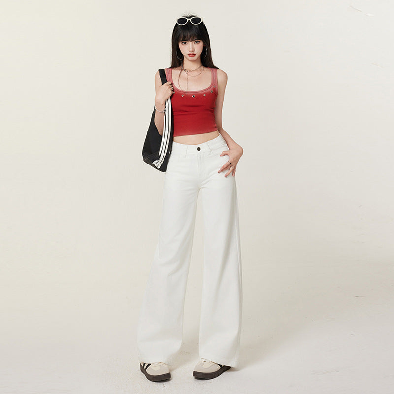 Women's White Denim Pants - Summer Casual Thin Slim Floor-Length Straight-Leg Trousers