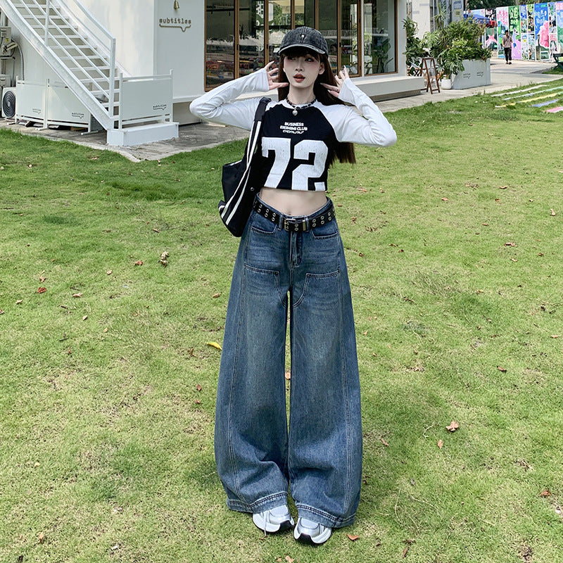 Retro Street Style High-Waist Loose Fit Slimming Versatile Washed Floor-Length Wide-Leg Jeans for Women