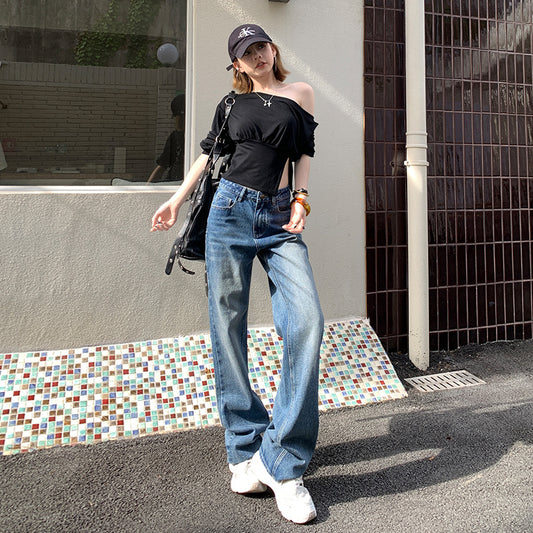 Straight Jeans for Women - Loose Slimming Washed Wide Leg Floor-Length Pants