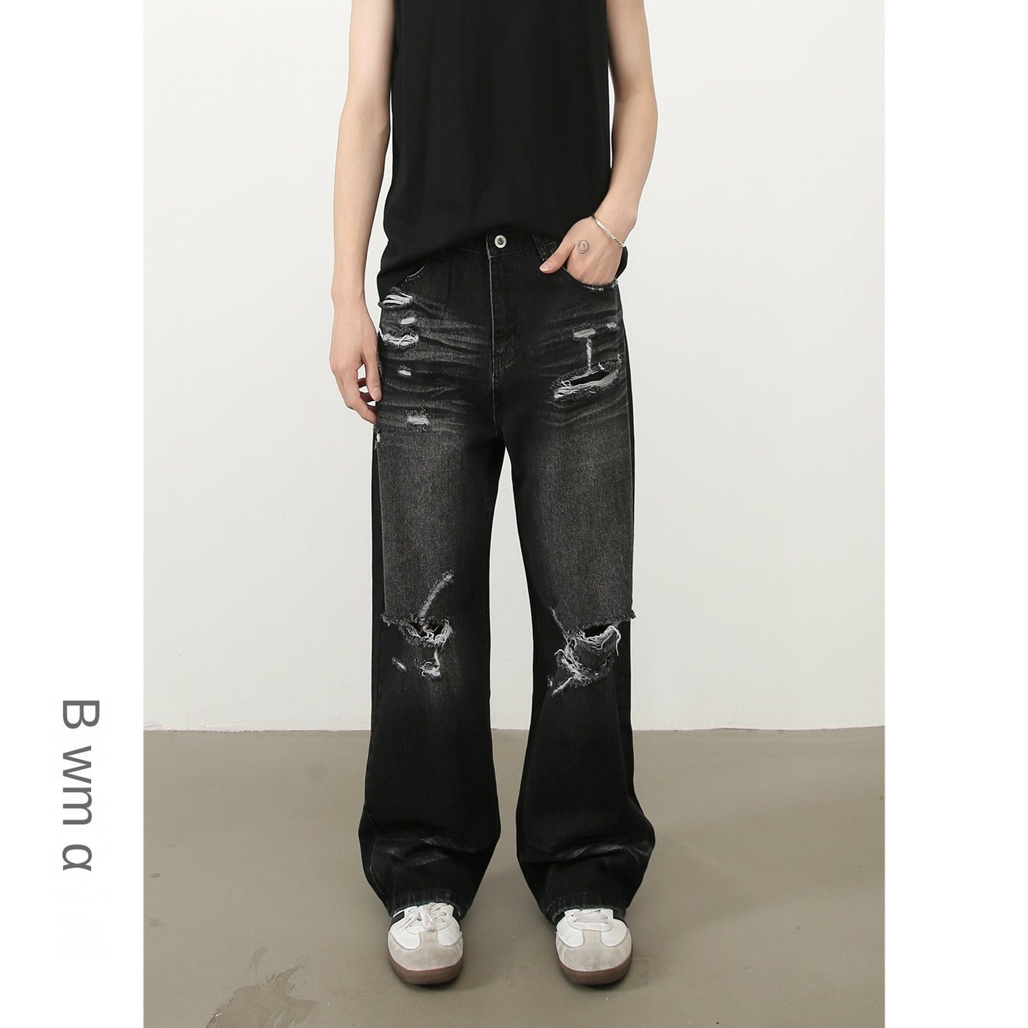 American Retro High Street Washed Distressed Denim Trousers for Men
