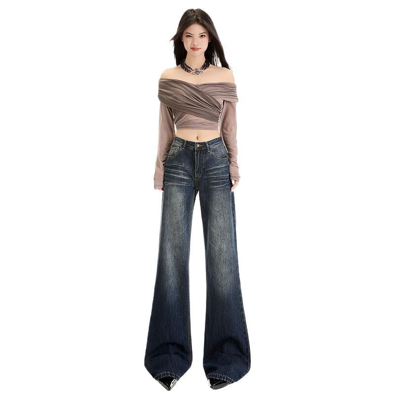 Dark Blue Non-Tight Micro Flare Jeans for Women - Spicy Slim Design Floor-Length Trumpet Pants