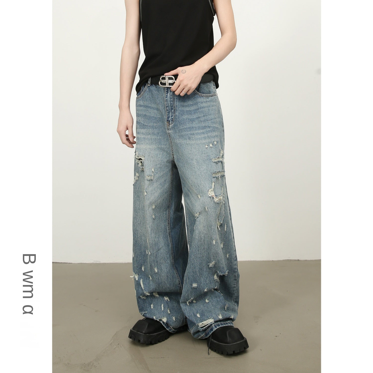 American High Street Washed Distressed Denim Trousers - Men's Loose Wide-Leg Straight Leg Long Pants