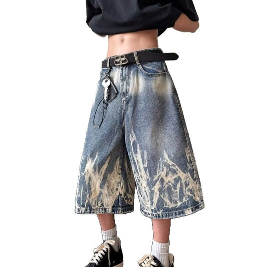 Lightning Stripe Tie-Dyed Denim Seven-Quarter Shorts