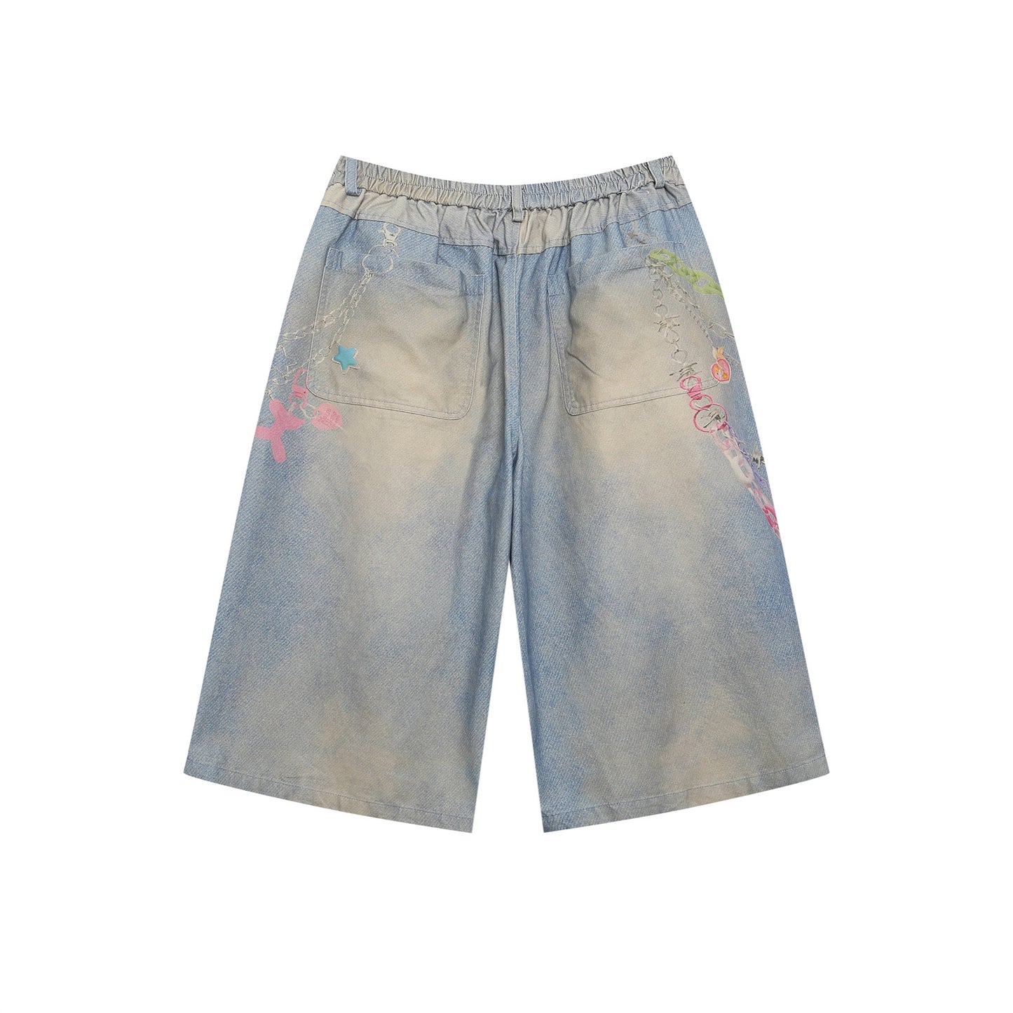 Retro Cartoon Chain Print Loose Wide-Leg Mid-Length Denim Shorts for Men