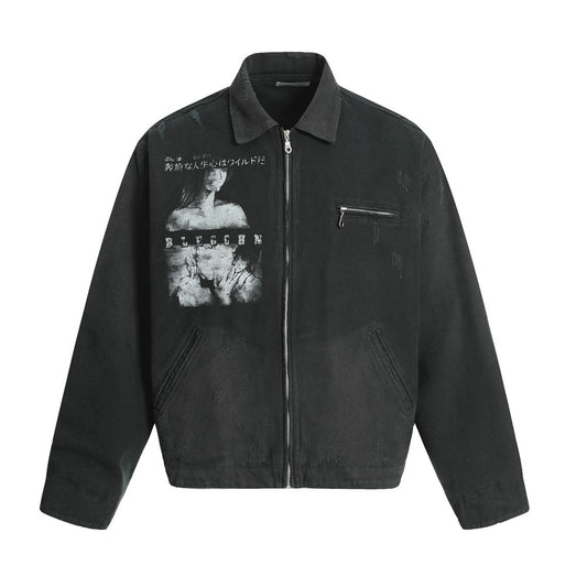 Men's Dark Character Print Canvas Jacket - Retro Punk Street Style