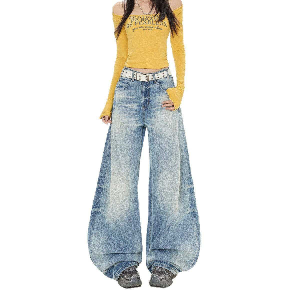 Washed Denim Pants for Women - Loose Fit, High Waist, Pleated Design