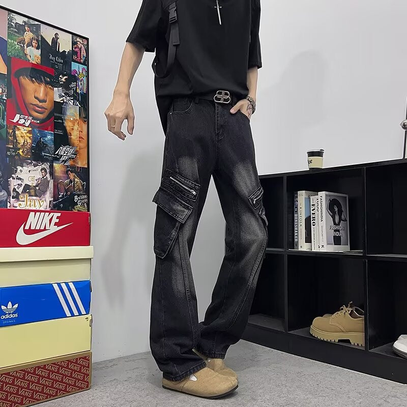 Multi Pocket Zipper Denim Distressed Workwear Straight Leg Pants