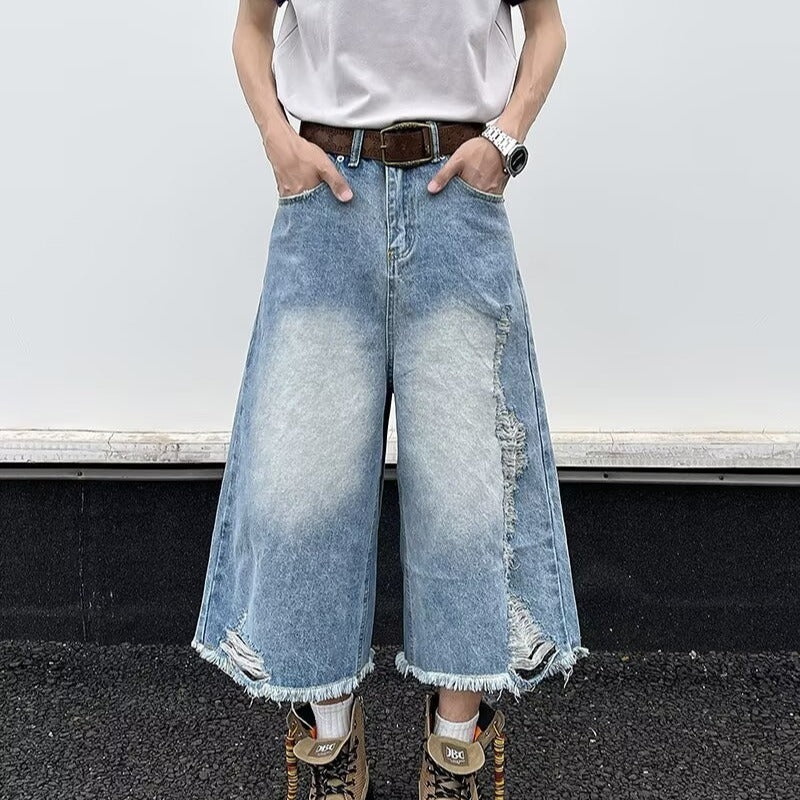 Premium Ripped Denim Straight Leg Cropped Pants
