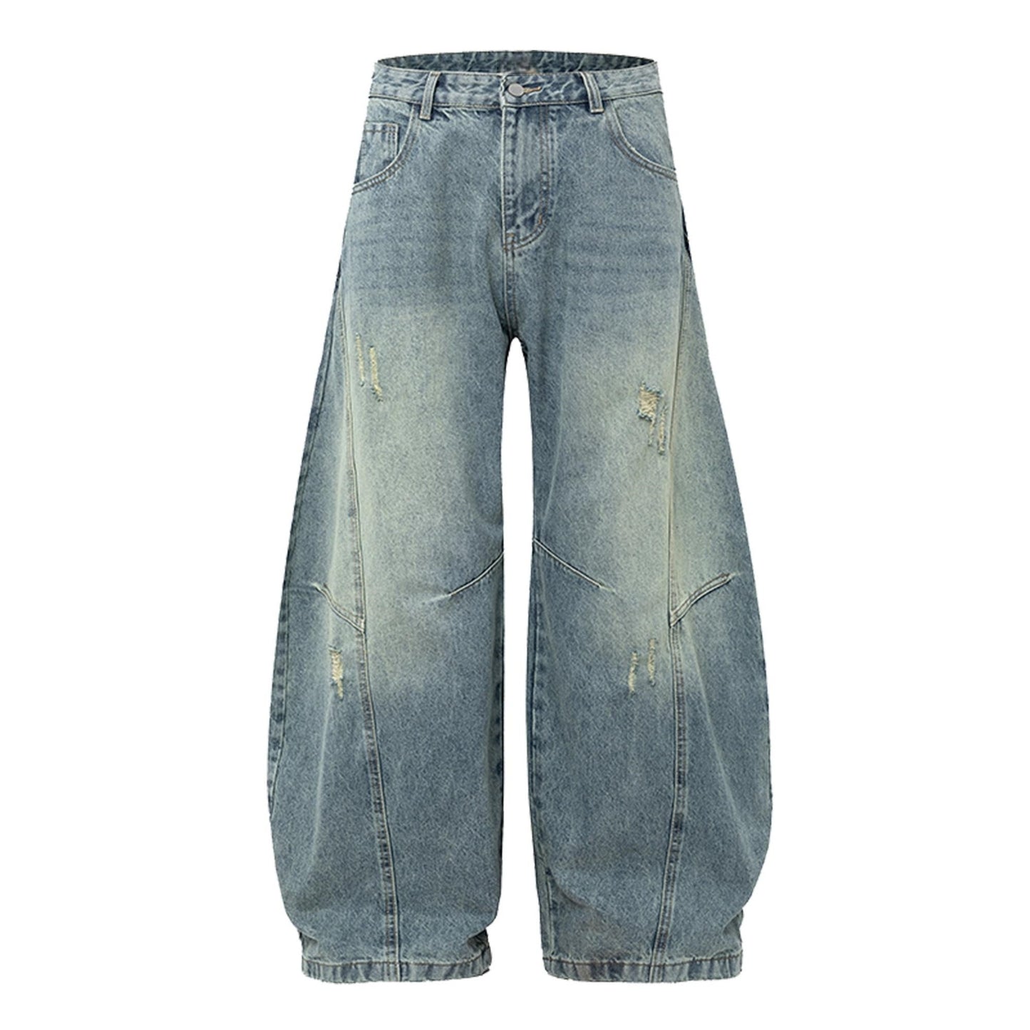 Retro Semi Elastic Waist Ripped Casual Wide Leg Pants