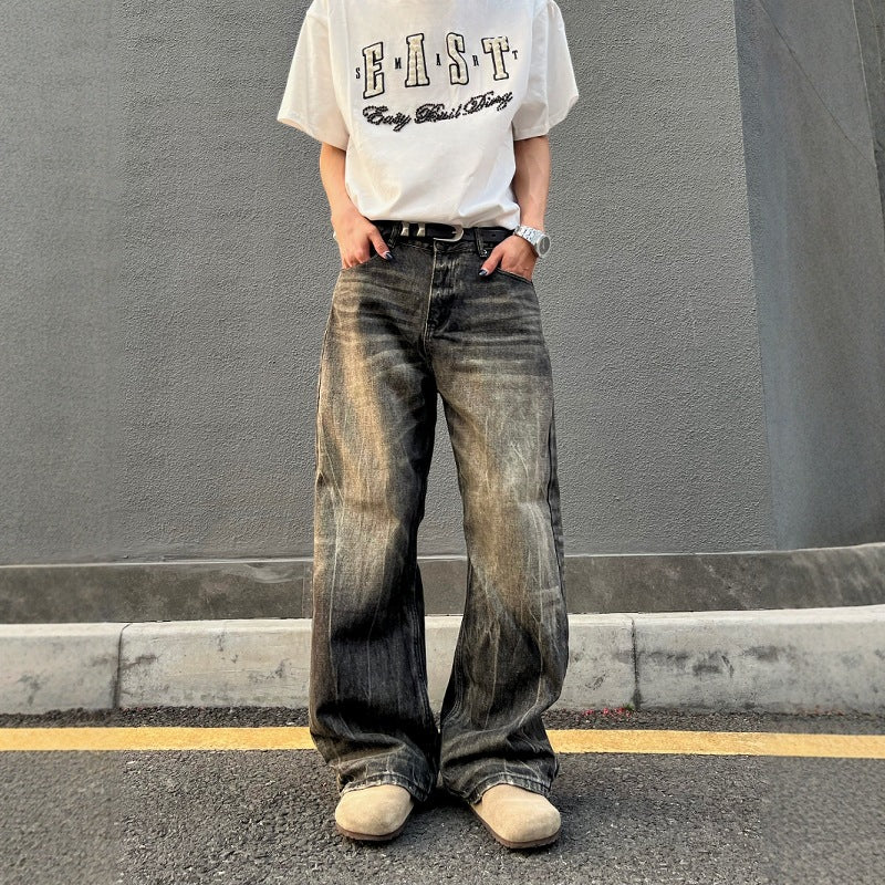 Washed Retro Distressed Black Gray Denim Straight Leg Wide Leg Long Pants