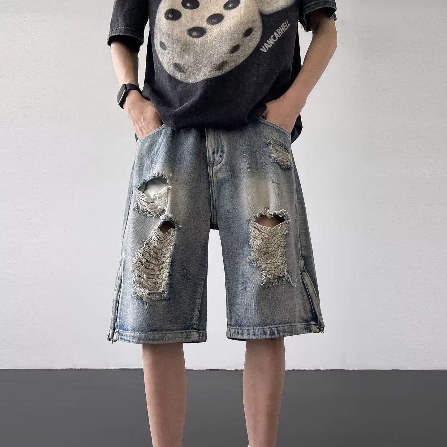 Zipper Slit Loose Straight Leg Casual Five Quarter Pants