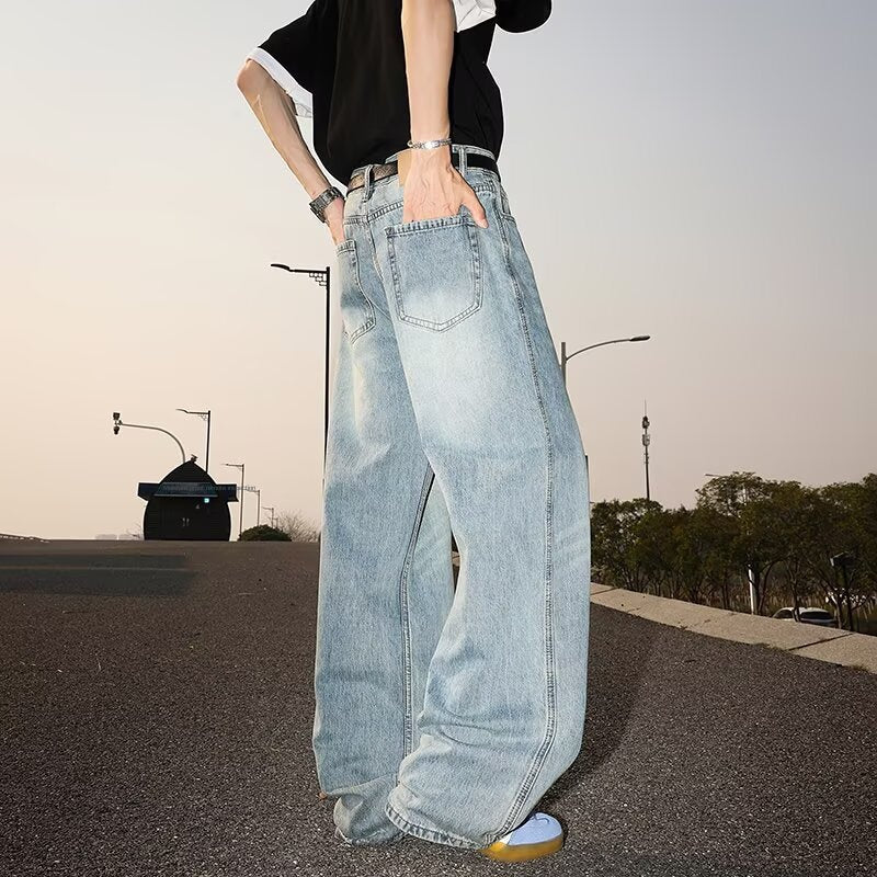 Retro Washed Cat Whisker Denim Jeans for Men