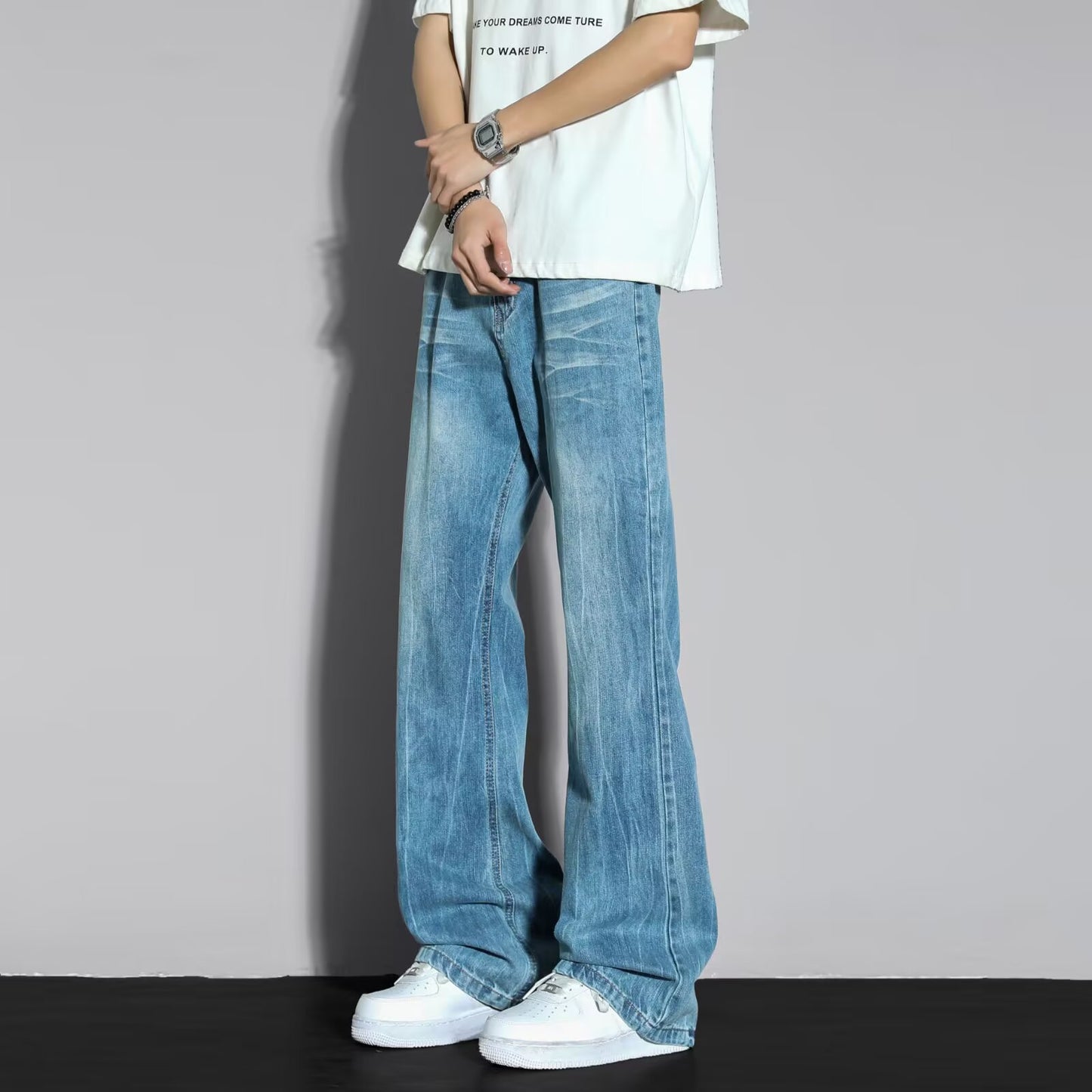 Men's Casual Straight Loose Wide Leg Pants - Blue Denim