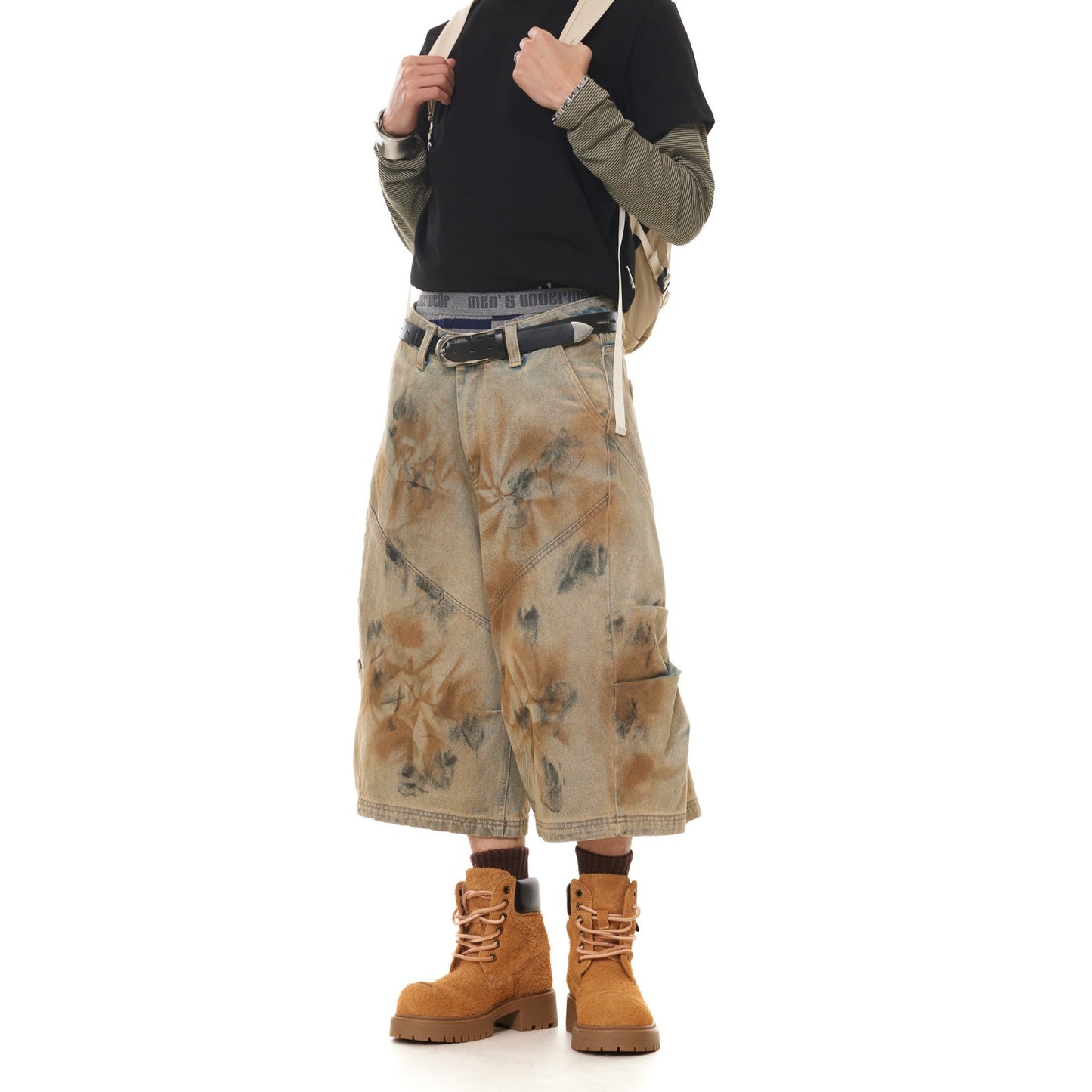 Retro Dirty Dyed Denim Wide Leg Seven Quarter Shorts