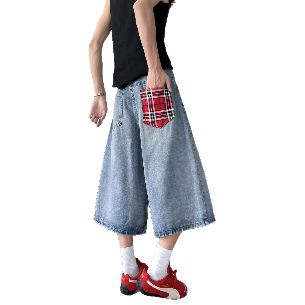 Grid Splicing Denim Seven Inch Loose Straight Tube Wide Leg Shorts