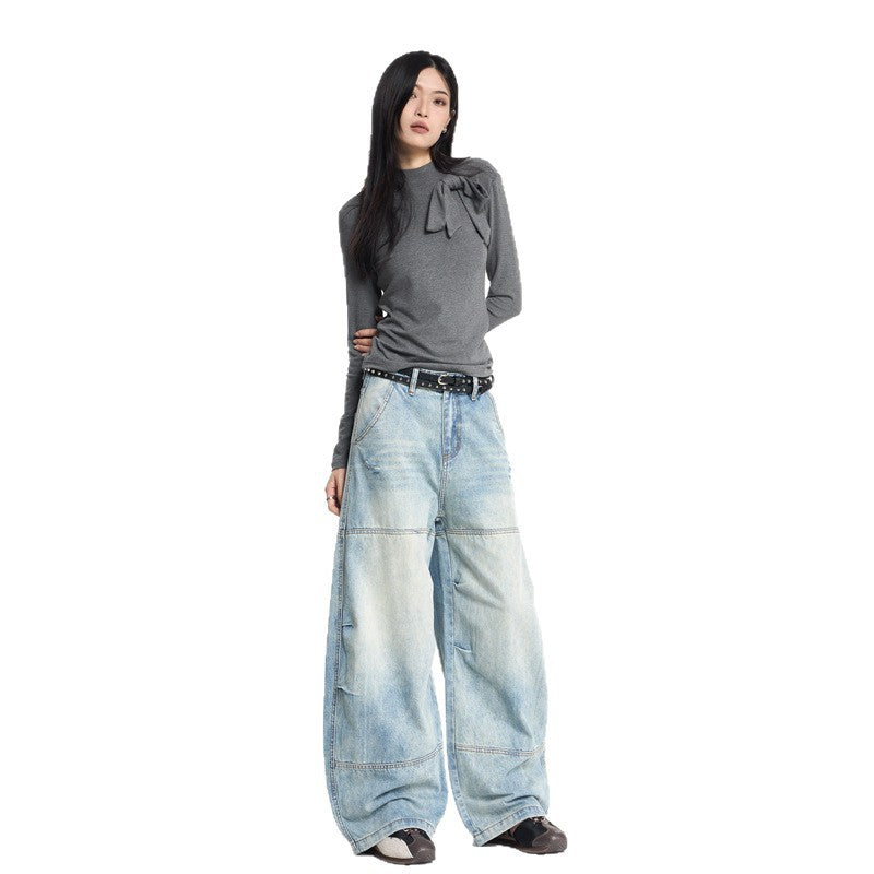 Women's Retro Design Patchwork Washed Knife-Edge Denim Pants