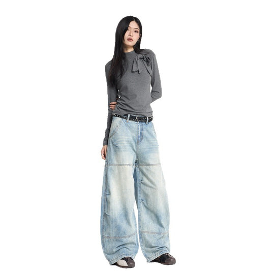 Women's Retro Design Patchwork Washed Knife-Edge Denim Pants