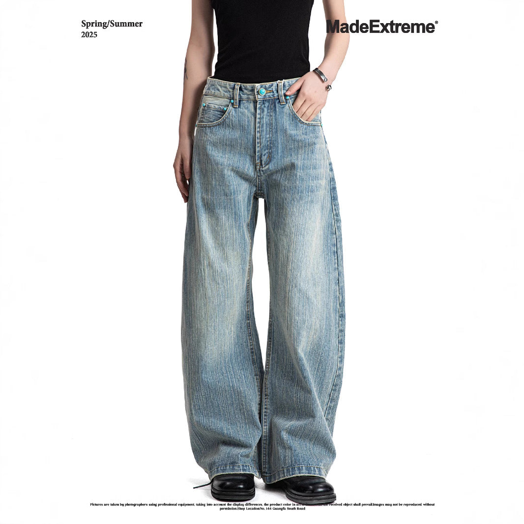 Washed Bamboo Slub Faded White Unisex Summer Loose Straight Denim Pants