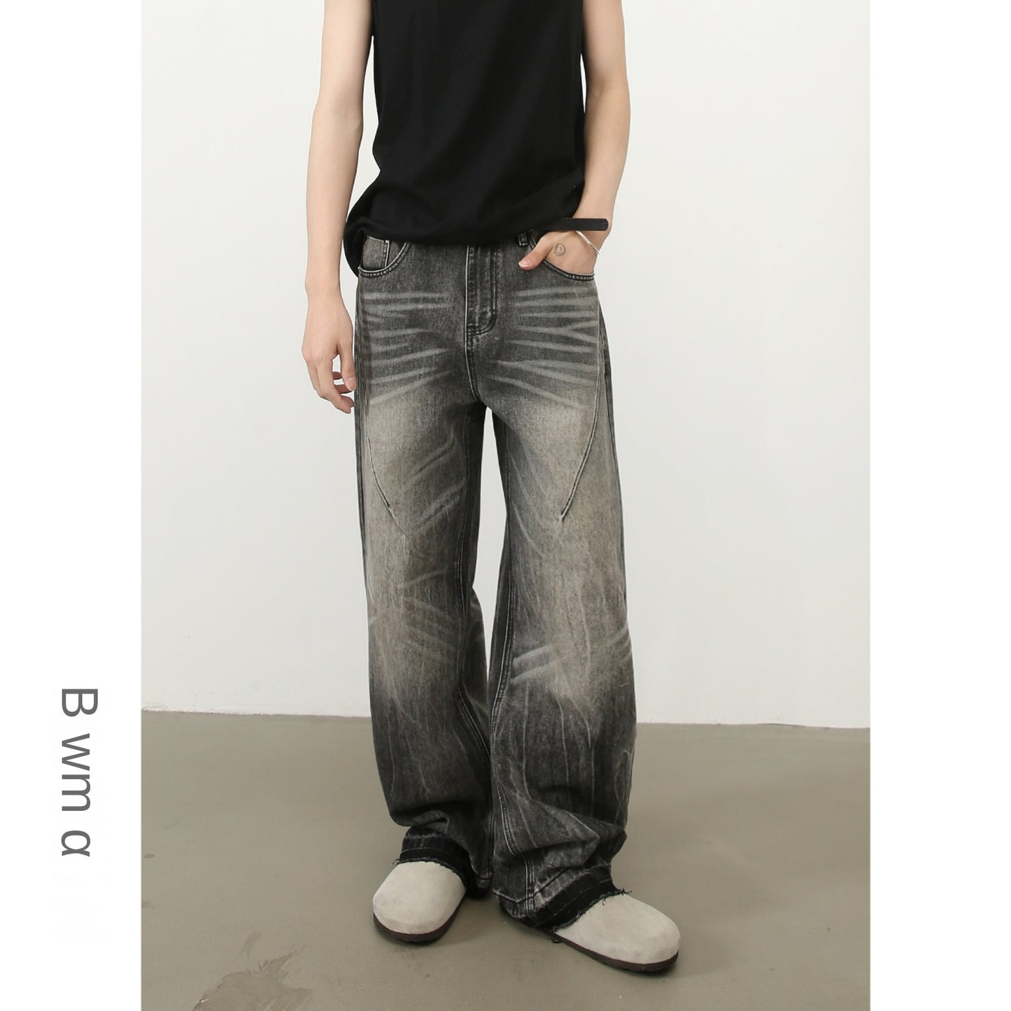 Denim | Frayed Hem Washed Gray Men's Jeans with Whiskers