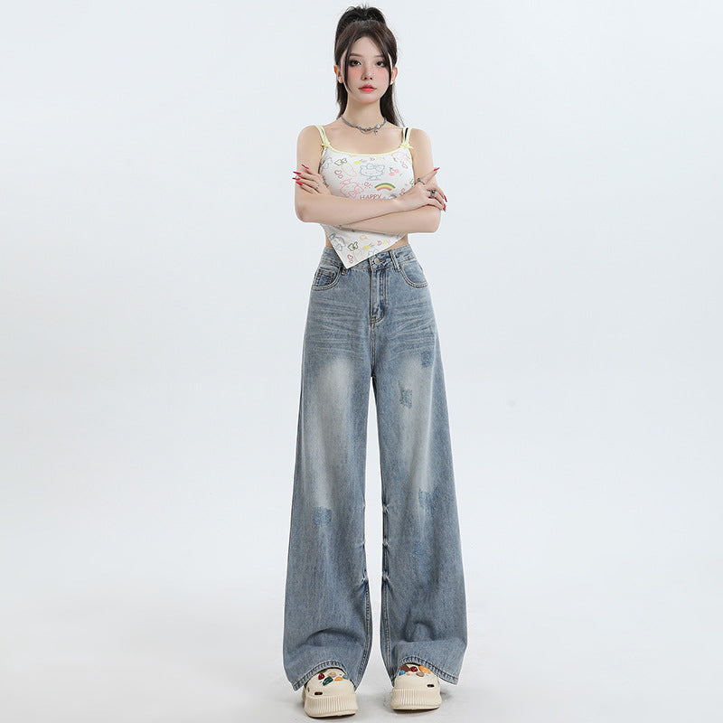 Women's Washed High-Waist Wide-Leg Jeans - Summer Loose Slimming Drape Trousers