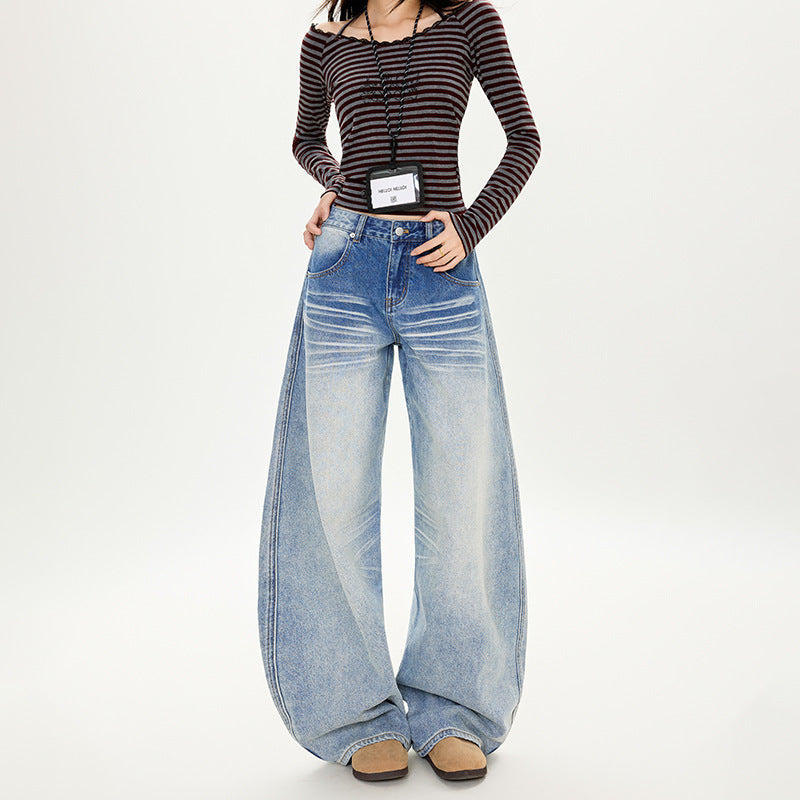 Washed Cat Whisker Design Low Waist Denim Pants for Women – Loose Slim Fit Wide Leg Trousers