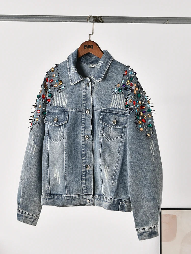 Long Sleeve Colorful Rivet Denim Jacket - Vintage Autumn Outwear