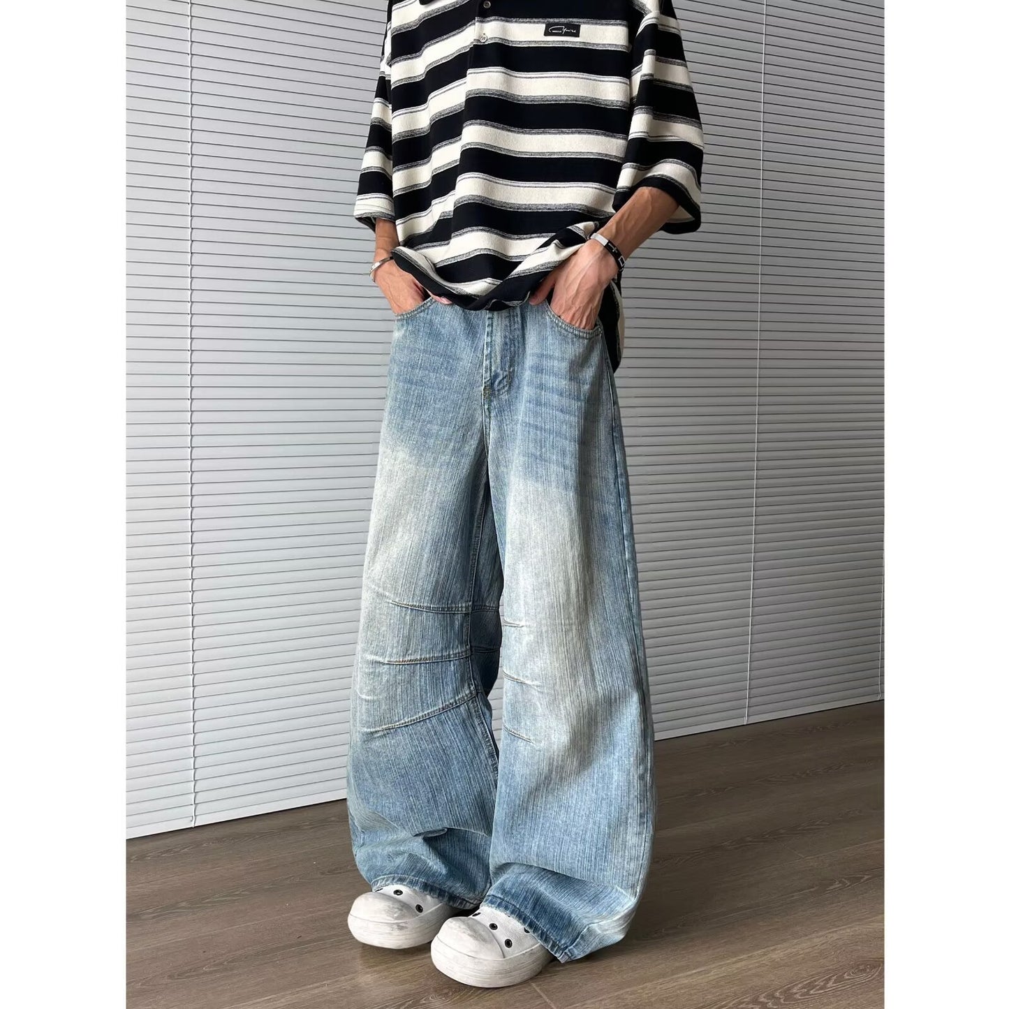 Bamboo Patterned Curved Knife Denim Loose Wide Leg Pants