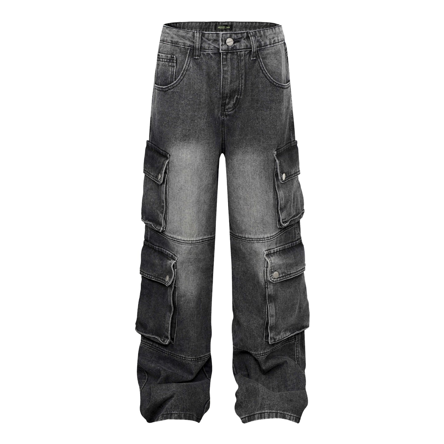 High Street Washed Vintage Multi-Pocket Denim Work Pants - Unisex Loose Wide-Leg Tactical Trousers