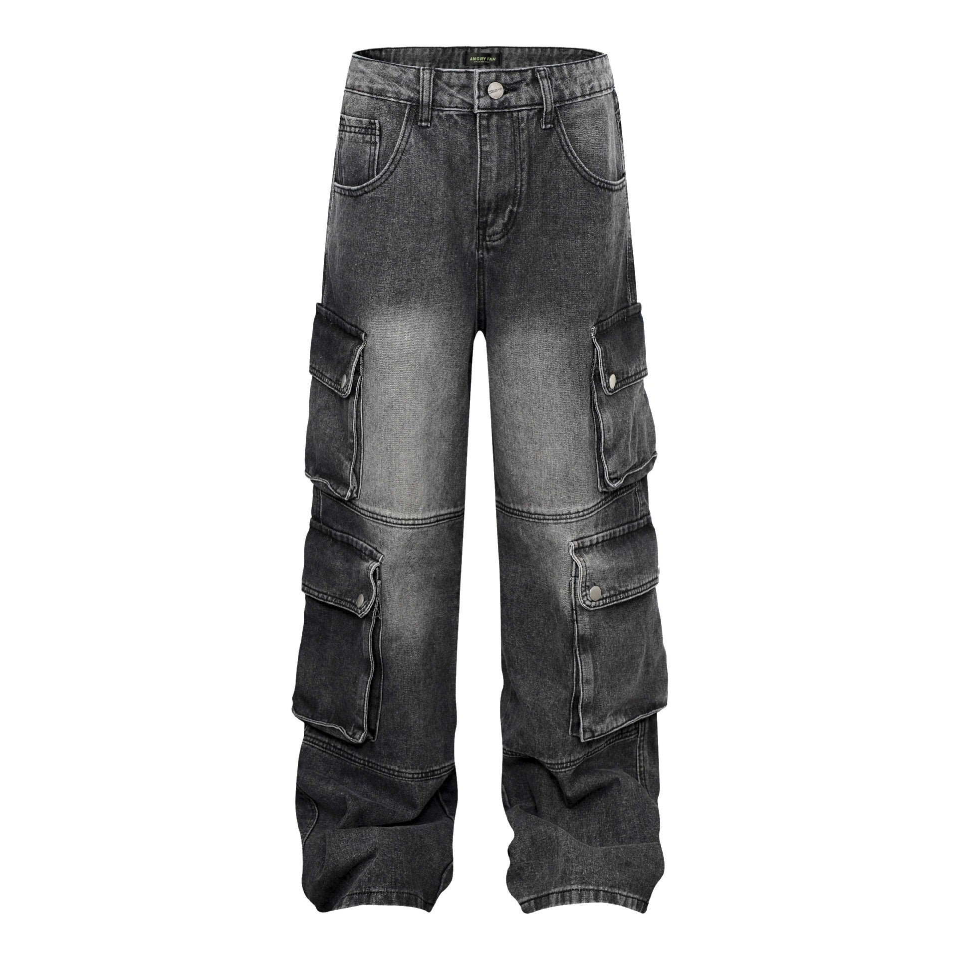 High Street Washed Vintage Multi-Pocket Denim Work Pants - Unisex Loose Wide-Leg Tactical Trousers