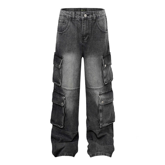 High Street Washed Vintage Multi-Pocket Denim Work Pants - Unisex Loose Wide-Leg Tactical Trousers