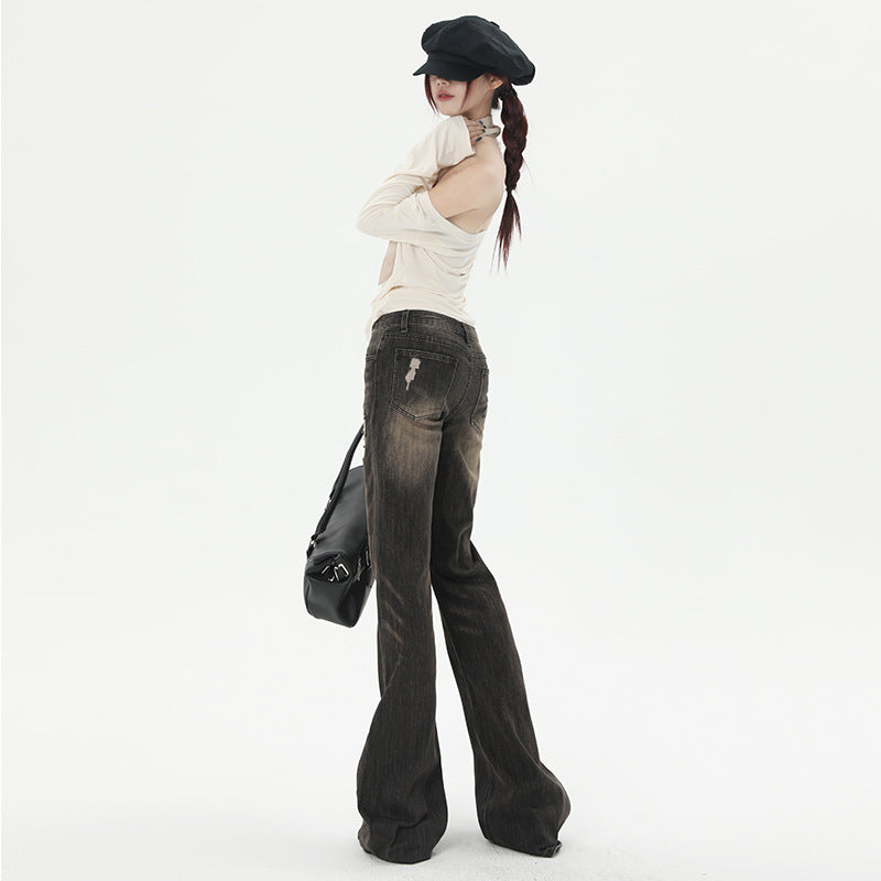 Women's Grey Brown Spicy Girl Flare Denim Pants - Low Waist Flared Trousers