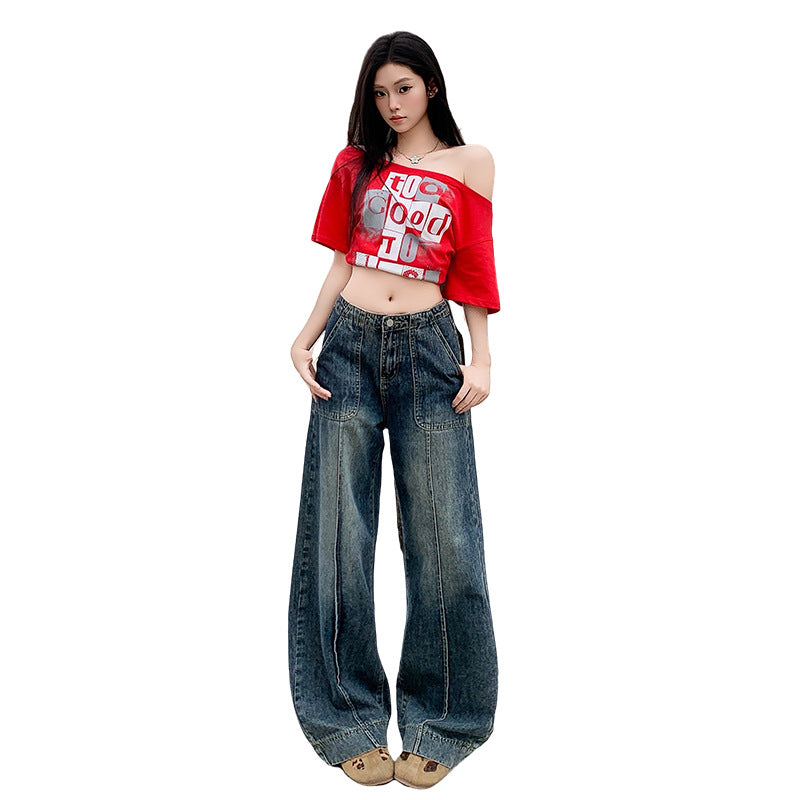 Women's Long Front Patch Pocket Design White Denim Pants Loose Wide Leg