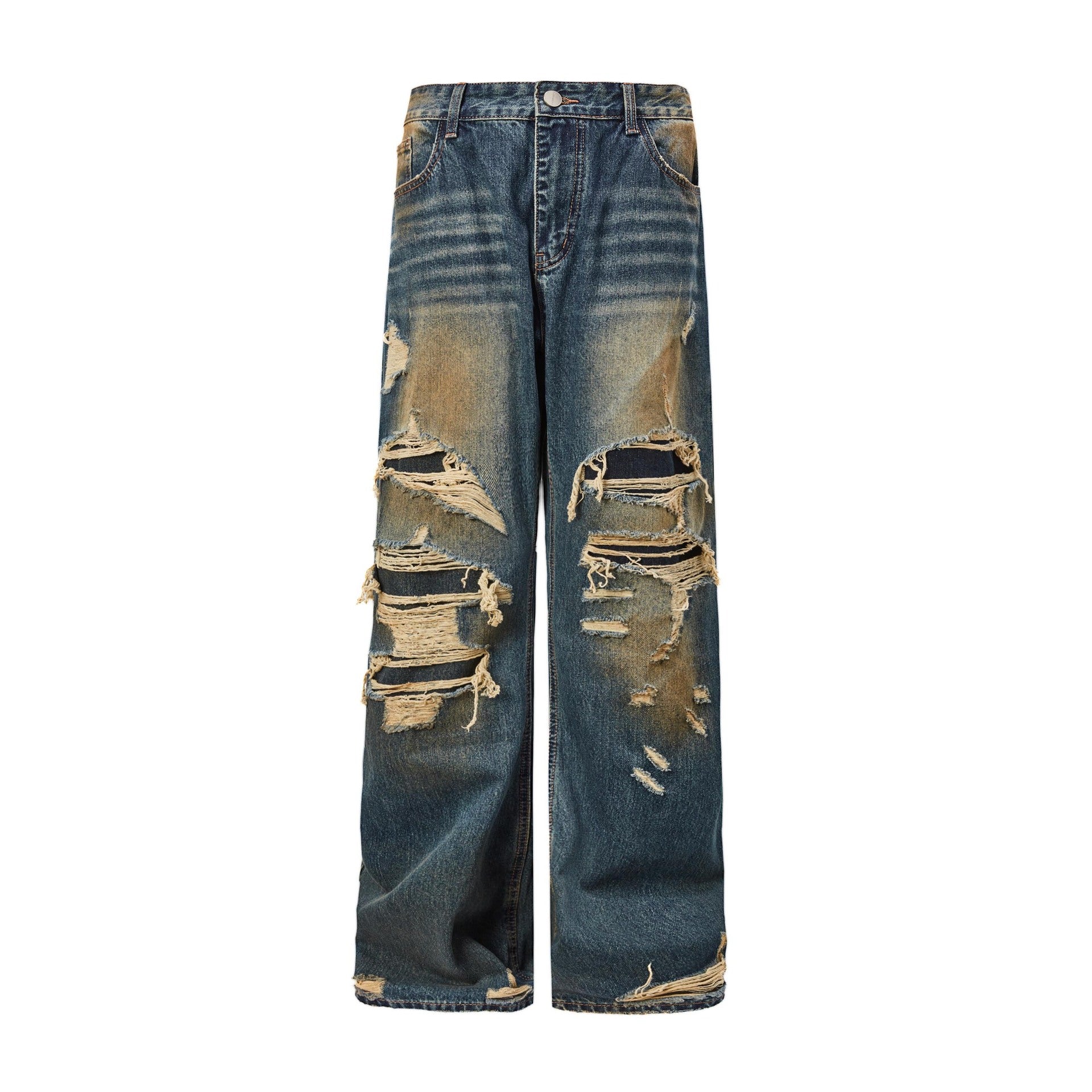 Washed Distressed Cat Whiskers Spray Monkey Dark Blue Denim Pants Unisex