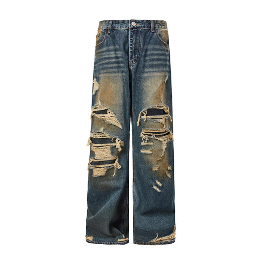 Washed Distressed Cat Whiskers Spray Monkey Dark Blue Denim Pants Unisex