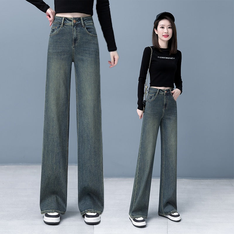 Cement Gray High-Waisted Straight Tube Jeans for Women