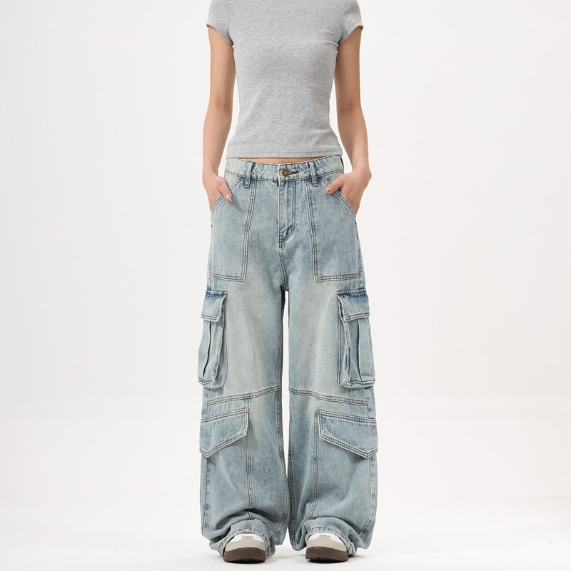 Light Wash Heavy Duty Cargo Denim Pants for Men and Women with Multiple Pockets