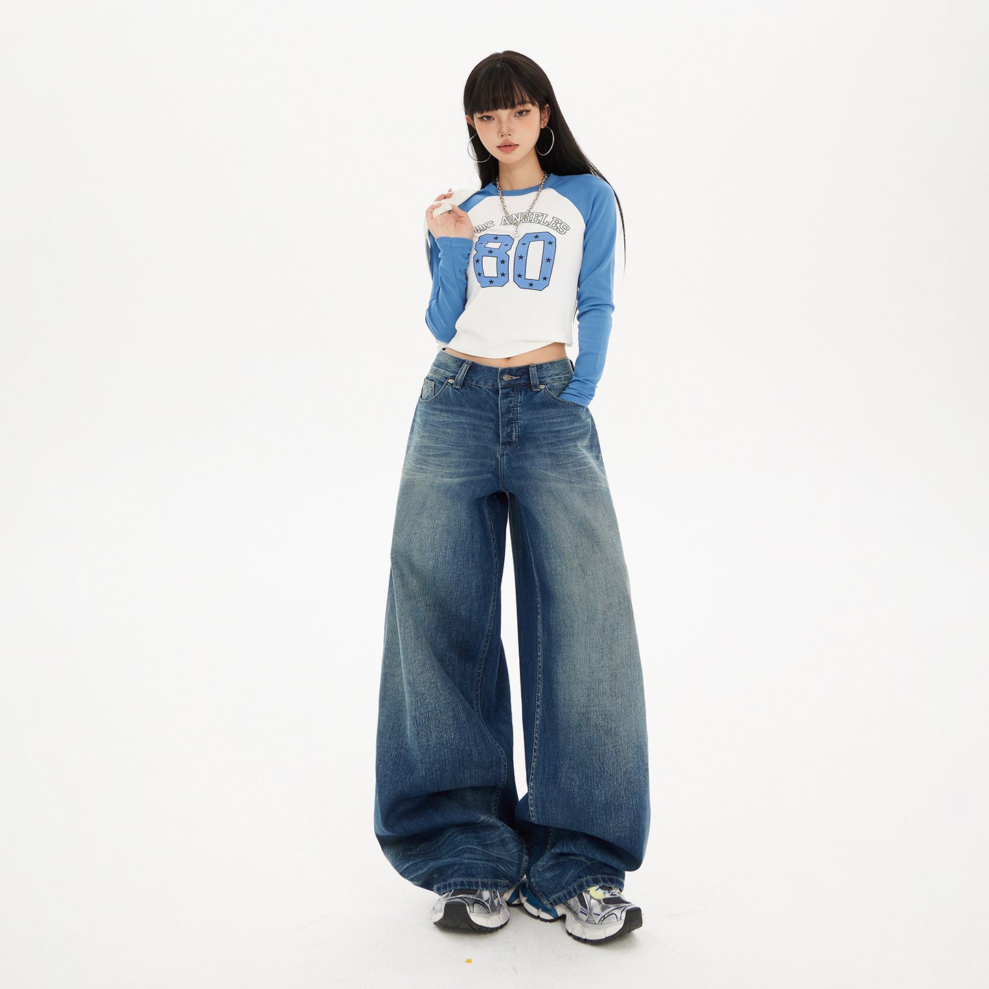 Women's Blue Knife-Leg Jeans - Gradient High-Waist Loose Wide-Leg Pants