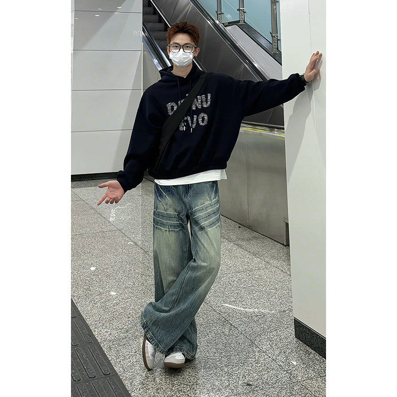 Lightning Patterned Washed Retro Straight Leg Casual Pants