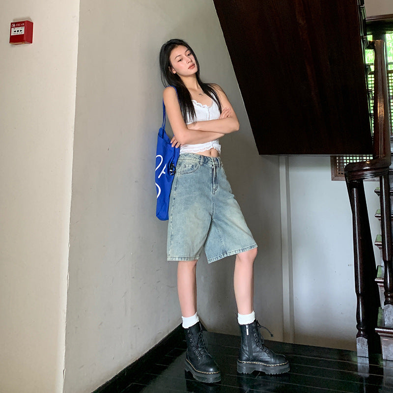 Women's Retro Denim Shorts - High Waist Loose Slim Straight Leg Pants