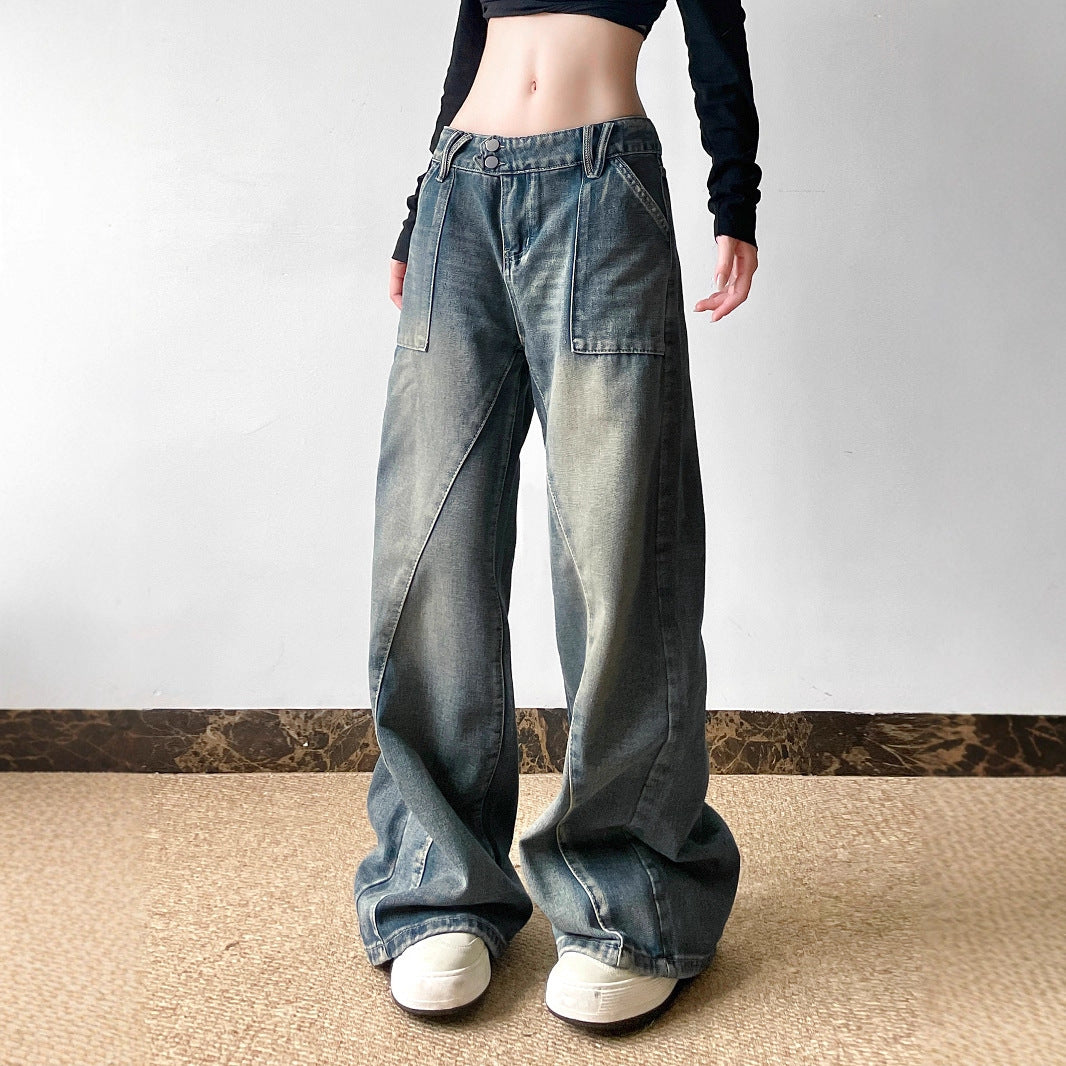 Women's Basic Washed Split Low Waist Loose Denim Pants