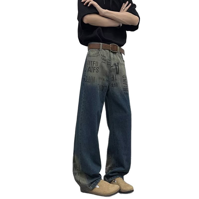 Premium Letter Printed Gradient Jeans for Men