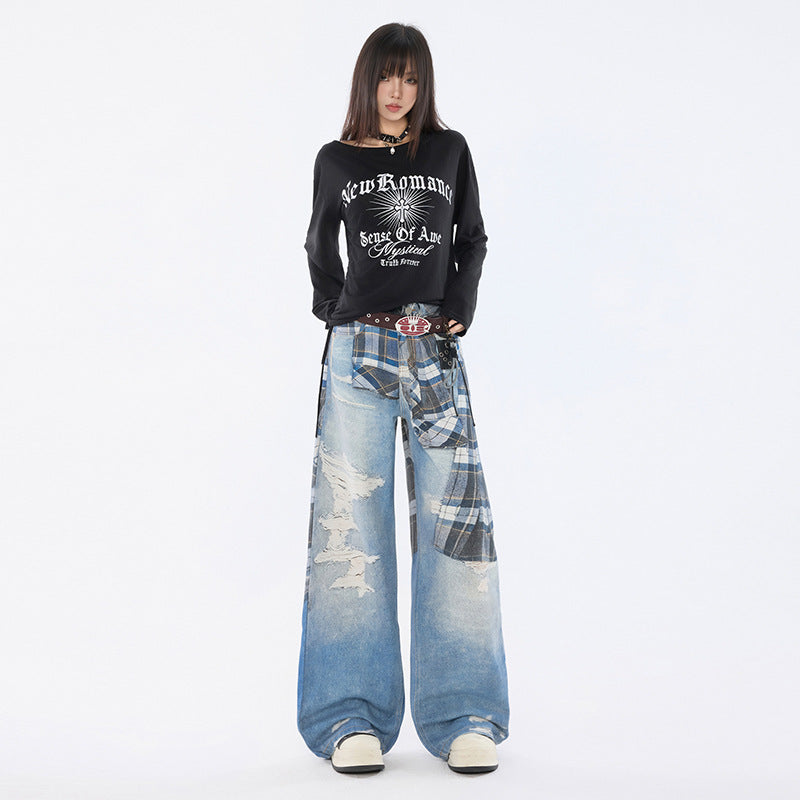 Trendy Women's Belted Printed Denim Straight Leg Trousers