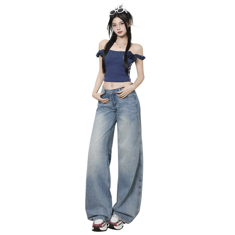 Women's Low-Waist Loose Wide-Leg Pants - Casual Straight-Leg Jeans
