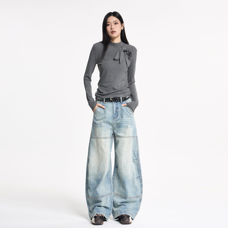 Women's Retro Design Patchwork Washed Knife-Edge Denim Pants