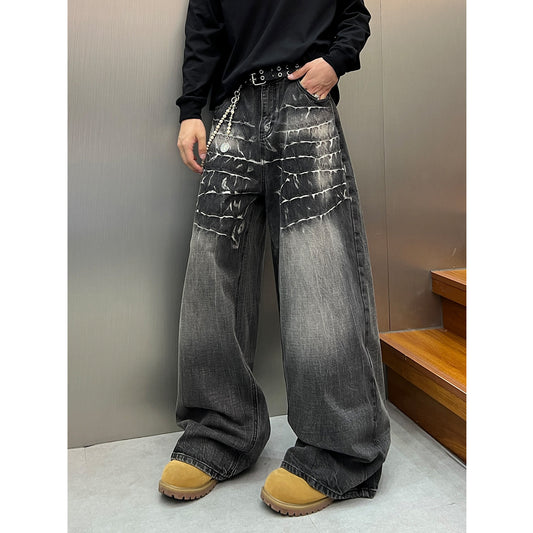 Wash and Tie Dye Denim Loose Wide Leg Pants