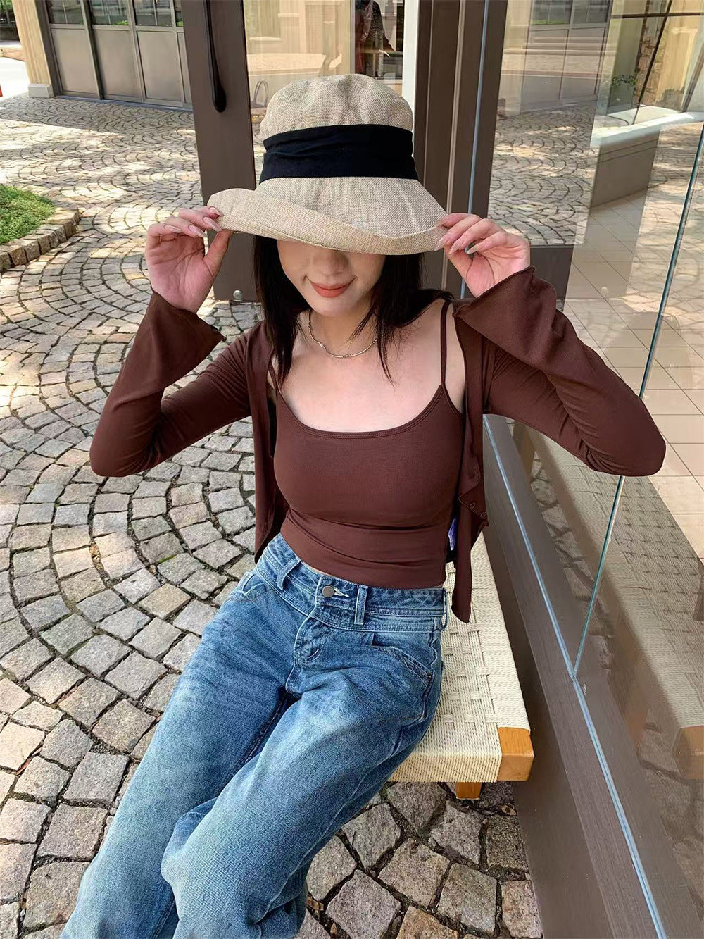 Double Waist Design Jeans Women's Flared Long Pants with Grab Pattern