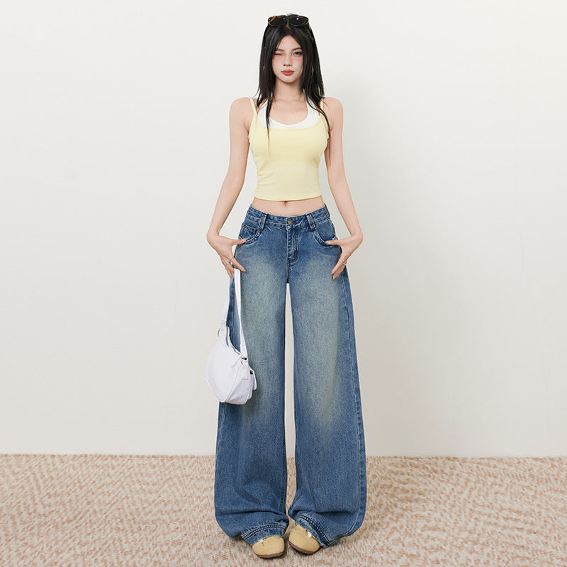 Retro Washed Blue Wide-Leg Jeans for Women - Loose Slimming Low-Waist Straight Leg Trousers