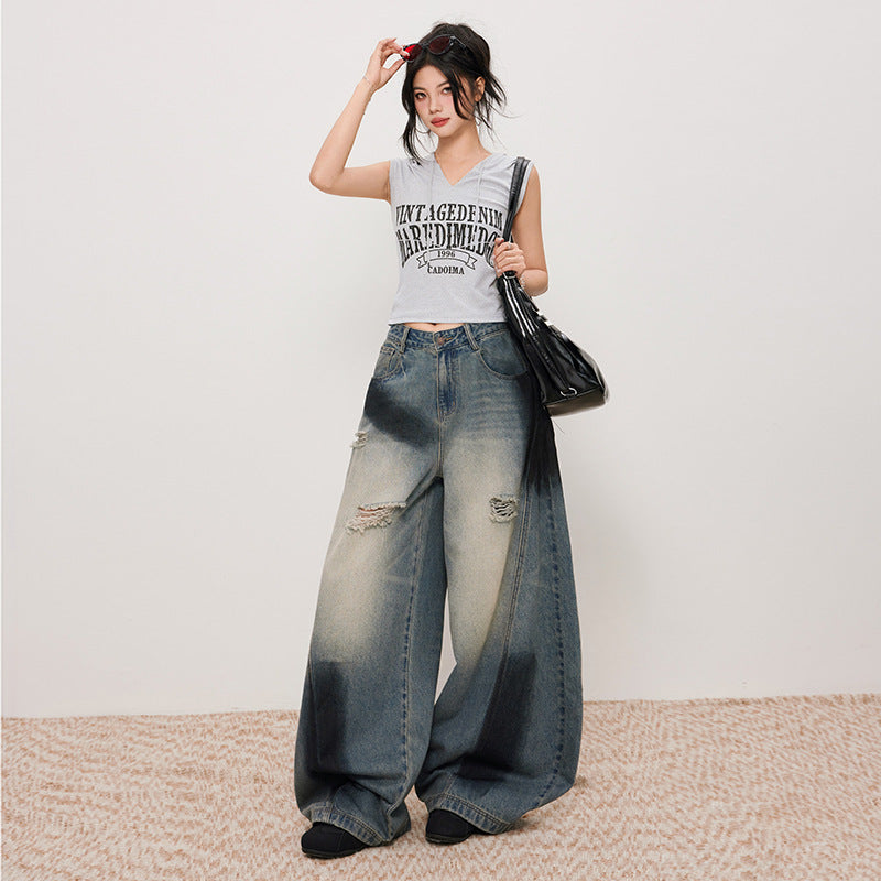 Women's Distressed Slash Denim Pants - Vintage Loose Wide Leg Trousers