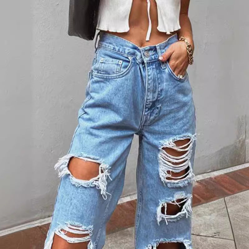 Women’s Wide-Leg Thin Jeans with Distressed Details